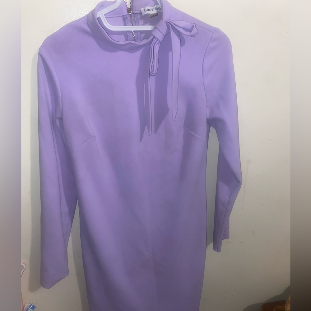Lavender Calvin Klein Women's Long Sleeve Dress with Tie Neck Detail